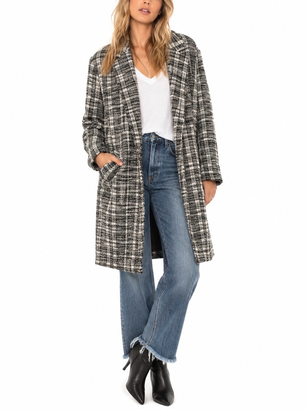 Melloday Open Front Plaid Tweed Cardigan Jacket Black White Sz S Preppy Classic
